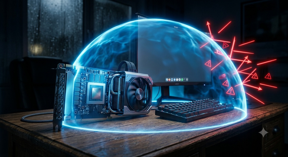 A cinematic digital illustration of a computer setup—including a GPU, monitor, and keyboard—protected by a glowing blue energy dome. From the right, red jagged lines and warning triangles strike the dome and bounce off. The scene is set on a wooden desk in a dark room with a rainy window in the background.